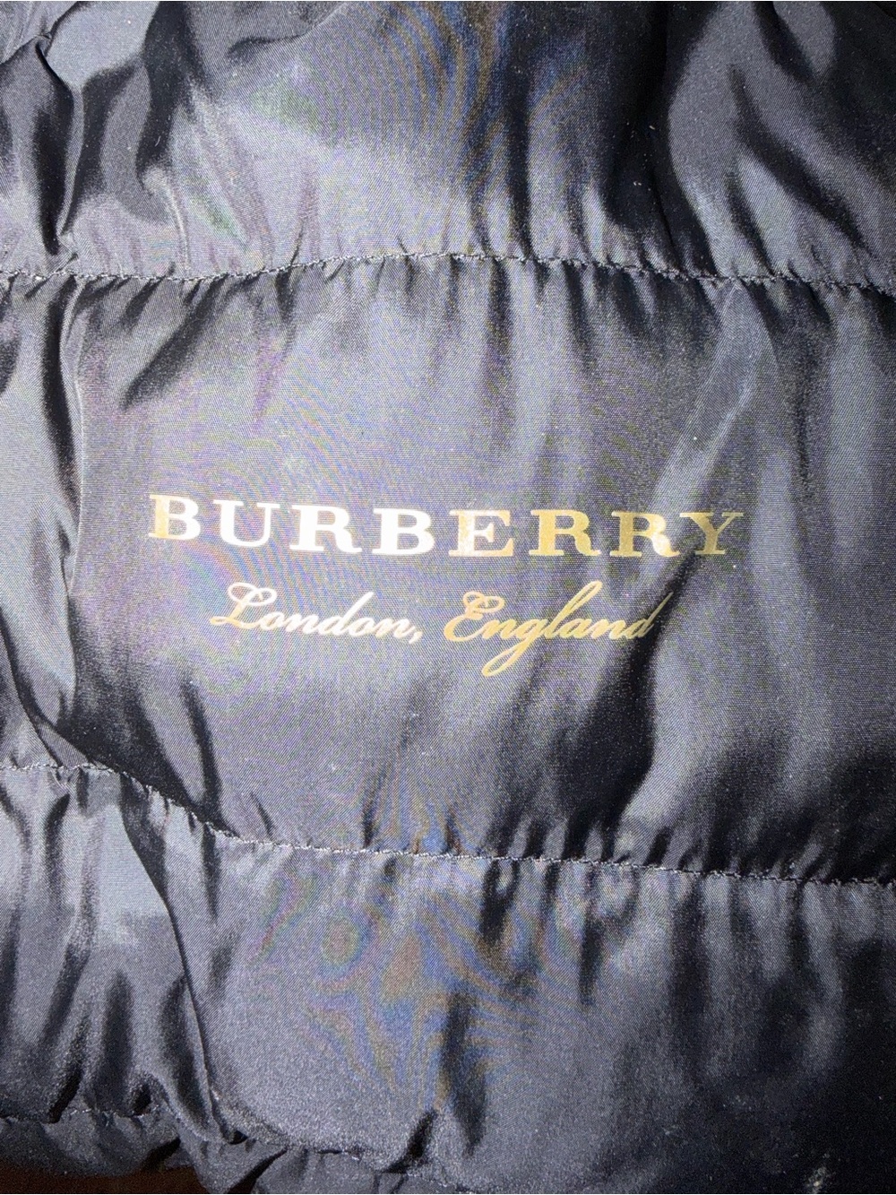 Burberry Black Puffer Jacket with Gold Logo Text